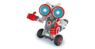 Sam Bot de Xtrem Bots montado, con dos grandes ojos luminosos y ruedas.