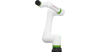 Brazo colaborativo blanco FANUC CRX-10iA con articulaciones verdes y base negra