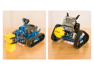 Dos fotografías oficiales de mBot2 Rover: una configuración con brazo sostiene un cubo amarillo y otra con pinza sujeta una pelota amarilla.