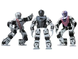 Tres configuraciones humanoides de BIOLOID Premium con actuadores y estructuras articuladas visibles.