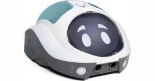 Loti-Bot de TTS blanco y azul con cara dibujada y sensores frontales