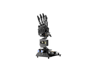 Mano robótica negra AiHand de Hiwonder sobre base con sensores y una placa micro:bit