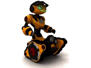 Roborover amarillo y negro completo sobre sus orugas, con cabeza y brazos visibles.