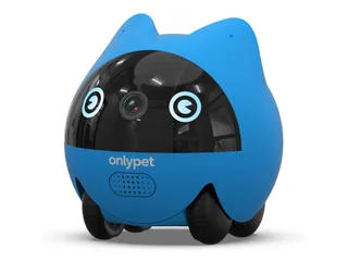 Render oficial de OnlyPet Buddy completo, con carcasa azul, cámara frontal y ruedas, sobre fondo blanco.
