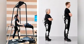 Exoesqueleto médico CYBERDYNE HAL de miembros inferiores sobre soporte
