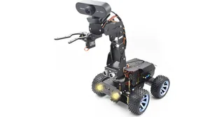 PiCar Pro V2 negro con ruedas, brazo articulado, pinza y cámara USB elevada.