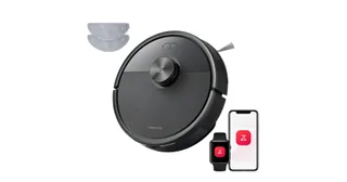 Imagen oficial de un Roborock Q7 de la familia L5 y M5 con accesorios y pantallas de control.