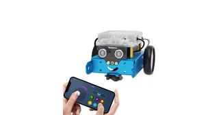Imagen oficial del mBot original azul de Makeblock, con sensor ultrasónico frontal y control mediante móvil.