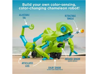 Imagen oficial del Coding Chameleon verde, con lengua extensible y etiquetas de sus sensores.