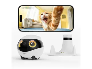 Imagen oficial de EBO SE 2 Sunshine Eyes, su base de carga y un teléfono mostrando la vista de una mascota.