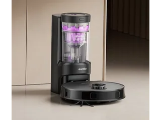 Render promocional oficial de Eureka E10 Evo Plus completo con su estación de vaciado sin bolsa, publicado para CES 2026.