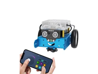 Imagen oficial del mBot original azul de Makeblock, con sensor ultrasónico frontal y control mediante móvil.