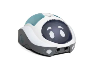 Loti-Bot de TTS blanco y azul con cara dibujada y sensores frontales
