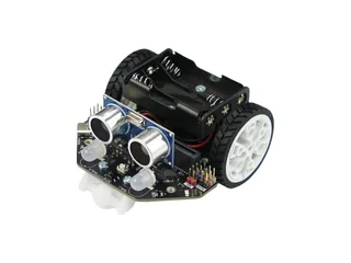 Maqueen Lite V5 negro con dos ruedas, sensores y módulo ultrasónico