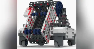 Render oficial del montaje Nova de Blueprint Robotics, con mecanismo de recogida inclinado sobre la base de cuatro ruedas; fotograma del vídeo de Sphero.
