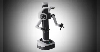 Render de AGIBOT G2 Air, con columna vertical y brazos articulados sobre una base móvil compacta.