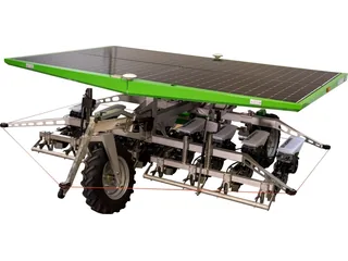 Render del FarmDroid FD20 con paneles solares sobre un bastidor de ruedas y herramientas agrícolas