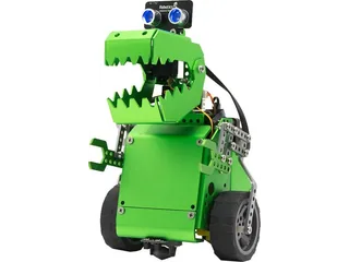 Q-Dino verde de Robobloq con forma de dinosaurio, dos ruedas y sensor ultrasónico sobre la cabeza