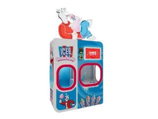 Imagen de la máquina ICEE Cotton Candy de Sweet Robo, con cabina cerrada roja y azul, pantalla de pago y mascota de oso polar encima.