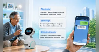 Robot de compañía de ASUS presentado junto a una persona.