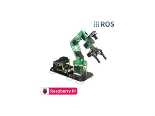 DOFBOT Pi verde de Yahboom con pinza, cámara y base electrónica, en una imagen comercial con logotipos ROS y Raspberry Pi