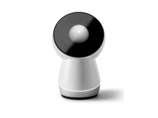 Render de Jibo solo sobre fondo blanco, visto de frente, con cuerpo blanco y pantalla circular negra.