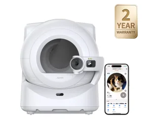 PETKIT Purobot Ultra blanco con cámara frontal y pantalla de la aplicación.
