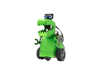 Q-Dino verde de Robobloq con forma de dinosaurio, dos ruedas y sensor ultrasónico sobre la cabeza