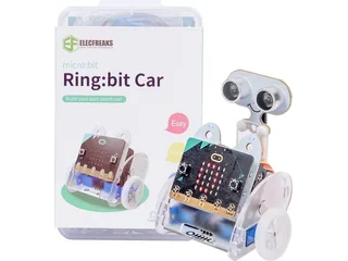 Ring:bit Car V2 de Elecfreaks con estructura blanca, ruedas negras, micro:bit y sensor ultrasónico en un montaje junto a su caja