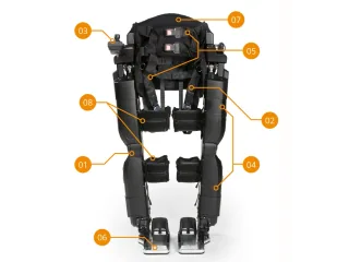 REX completo visto de frente, con cinturón, soportes de piernas y ambos apoyos para pies en la fotografía técnica de Rex Bionics.