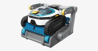 Render oficial de MAMMOTION SPINO S1 Pro con su estación para salir de la piscina y cargarse.