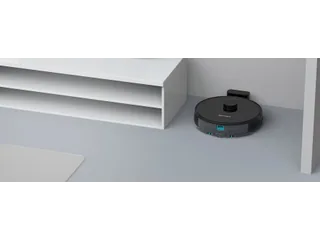 Render promocional oficial de Mamibot EXVAC850 completo junto a su base de carga, sobre suelo doméstico.