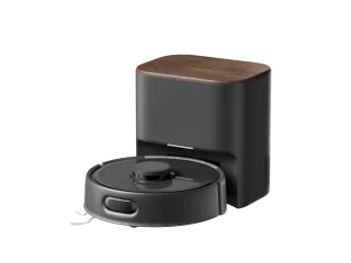 Render oficial del SwitchBot K11+ Pro negro junto a su estación compacta de autovaciado.