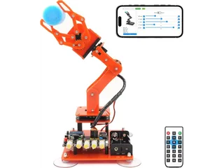Brazo naranja Adeept V5 con pinza abierta, teléfono y mando infrarrojo.