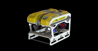 Render oficial del ROV ARGOS amarillo, con bastidor rectangular y propulsores visibles.