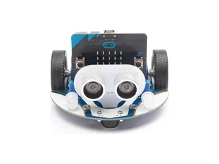 Cutebot azul con frontal blanco, sensor ultrasónico, dos ruedas y micro:bit en el montaje de Elecfreaks