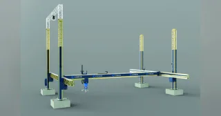 Render de la impresora de construcción COBOD BOD2 en configuración 5-5-3, con columnas y pórtico sobre apoyos de hormigón.