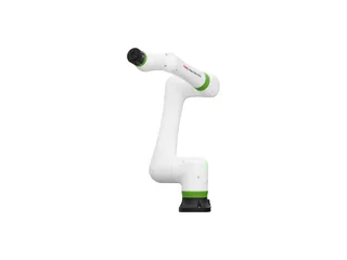 Brazo colaborativo blanco FANUC CRX-10iA con articulaciones verdes y base negra