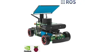 ROSMASTER R2 con cuatro ruedas de goma, cámara y lidar sobre un chasis de Yahboom