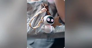 Fotografía oficial de un Eiliko blanco y rosa sujeto a una mochila gris.