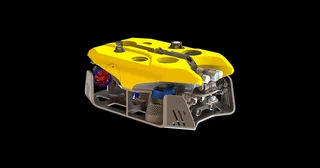 Render oficial de ARGOS-X amarillo, con cuerpo bajo y propulsores laterales.