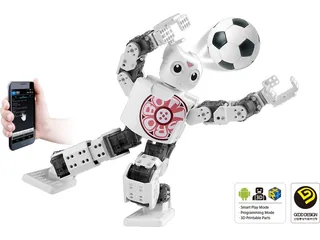 Humanoide ROBOTIS MINI blanco y negro con cabeza redondeada y brazos articulados