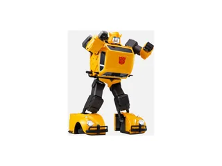 Robosen Bumblebee Flagship amarillo en forma de robot sobre fondo blanco