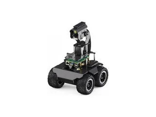 RaspRover metálico de cuatro ruedas con cámara sobre soporte
