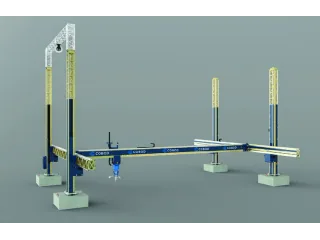Render de la impresora de construcción COBOD BOD2 en configuración 5-5-3, con columnas y pórtico sobre apoyos de hormigón.