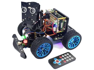 PiCar-B Mars Rover negro con ruedas azules, sensores frontales y mando infrarrojo al lado.
