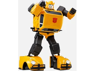 Robosen Bumblebee Flagship amarillo en forma de robot sobre fondo blanco