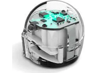 Robot Ozobot Bit+ transparente visto de cerca sobre fondo claro
