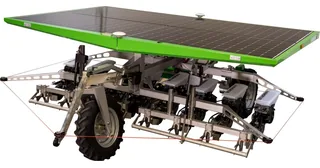 Render del FarmDroid FD20 con paneles solares sobre un bastidor de ruedas y herramientas agrícolas