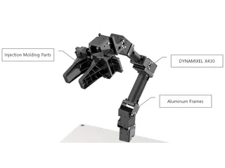 Representación oficial de OpenMANIPULATOR-X, con brazo negro, pinza y etiquetas de sus componentes.